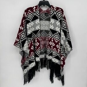 Ultra Flirt Womens Tribal Geometric Fringe Poncho Wrap Burgundy Black Size S M